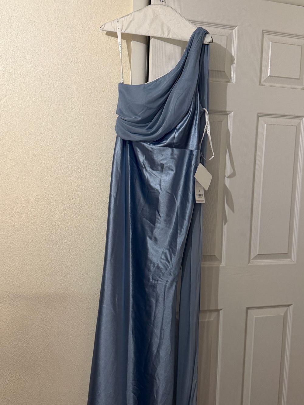 Azazie Powder Blue Satin Gown with One-Shoulder Detail